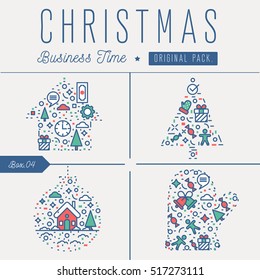 Modern excellent happy christmas business time. Thin line new year holiday concept. Decoration winter new year tree elements. Celebration vector winter objects and beauty xmas event.