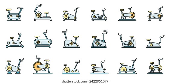 Iconos modernos de bicicleta estática. Conjunto de esquemas modernos iconos vectoriales de bicicleta estática de línea delgada sobre blanco