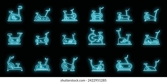 Iconos modernos de bicicleta estática. Conjunto de esquemas de iconos vectoriales modernos de bicicleta estática neón color sobre negro