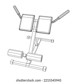 Modern exercise machine for the back and abs. Hyperextension simulator for home and gym. Sports at home. Wireframe low poly mesh vector illustration