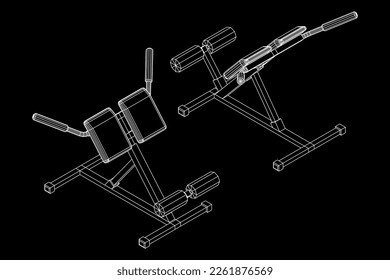 Modern exercise machine for the back and abs. Hyperextension simulator for home and gym. Sports at home. Wireframe low poly mesh vector illustration