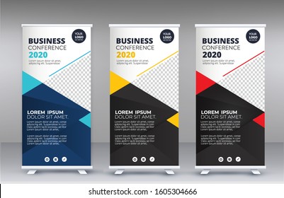 Modern Exhibition Advertising Trend Business Roll Up Banner Stand Poster Brochure flat design template creative concept. Presentation. Cover Publication. Stock vector