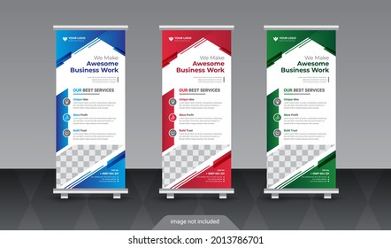 Modern Exhibition Advertising Trend Business Roll Up Banner Stand Poster Brochure flat design template creative concept. Presentation. Cover Publication. Stock vector