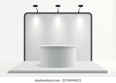 A modern exhibition booth featuring a white cylindrical platform and overhead spotlights on a sleek background