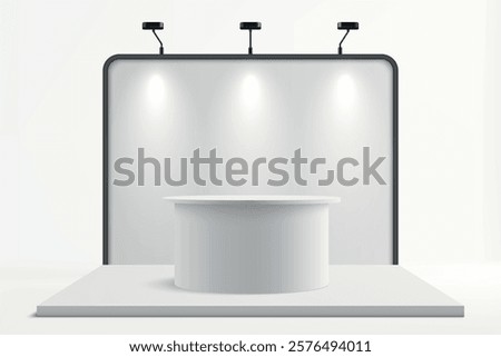 A modern exhibition booth featuring a white cylindrical platform and overhead spotlights on a sleek background