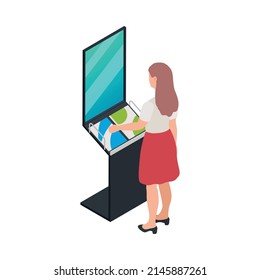 Modern Exhibition Icon With Woman Taking Promotional Brochure From Stand With Interactive Screen 3d Vector Illustration