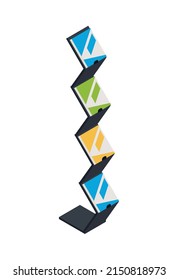 Modern exhibition promotion stand with color brochures in isometric style 3d vector illustration