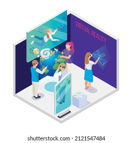 Modern exhibition promotion stands isometric composition with view of booth with vr equipment vector illustration