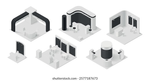 Modern exhibition stand design template 3d isometric business space set realistic vector illustration. Contemporary white interior advertising event marketing promotion presentation screen seat area