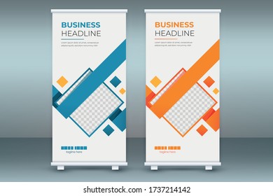 Modern Exhibition standee roll up banner design, poster advertising brochure cover concept, creative x-banner presentation template, flat flag-banner vector blue red orange layout