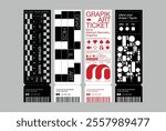 Modern exhibition ticket template layout abstract geometric shape dot heart star clover arrow line square pattern poster minimal black white red shapes random pattern checkerboard receipt banner
