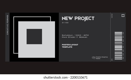 Modern exhibition ticket template layout made with abstract vector geometric shapes. Brutalism inspired graphics. Great for branding presentation, poster, cover, art, tickets, prints, etc.
