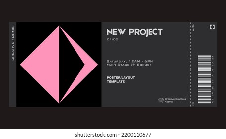 Modern exhibition ticket template layout made with abstract vector geometric shapes. Brutalism inspired graphics. Great for branding presentation, poster, cover, art, tickets, prints, etc.