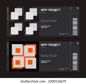 Modern exhibition ticket template layout made with abstract vector geometric shapes. Brutalism inspired graphics. Great for branding presentation, poster, cover, art, tickets, prints, etc.