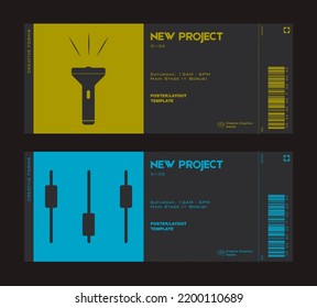 Modern exhibition ticket template layout made with abstract vector geometric shapes. Brutalism inspired graphics. Great for branding presentation, poster, cover, art, tickets, prints, etc.