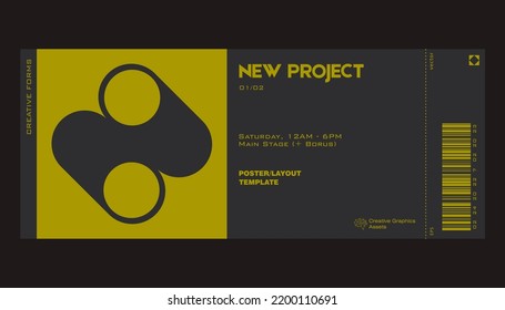 Modern exhibition ticket template layout made with abstract vector geometric shapes. Brutalism inspired graphics. Great for branding presentation, poster, cover, art, tickets, prints, etc.