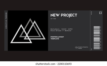 Modern exhibition ticket template layout made with abstract vector geometric shapes. Brutalism inspired graphics. Great for branding presentation, poster, cover, art, tickets, prints, etc.