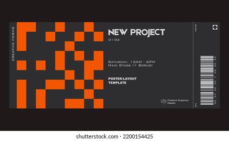 Modern exhibition ticket template layout made with abstract vector geometric shapes. Brutalism inspired graphics. Great for branding presentation, poster, cover, art, tickets, prints, etc.