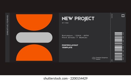 Modern exhibition ticket template layout made with abstract vector geometric shapes. Brutalism inspired graphics. Great for branding presentation, poster, cover, art, tickets, prints, etc.
