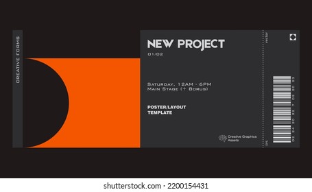 Modern exhibition ticket template layout made with abstract vector geometric shapes. Brutalism inspired graphics. Great for branding presentation, poster, cover, art, tickets, prints, etc.