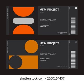 Modern exhibition ticket template layout made with abstract vector geometric shapes. Brutalism inspired graphics. Great for branding presentation, poster, cover, art, tickets, prints, etc.