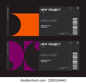 Modern exhibition ticket template layout made with abstract vector geometric shapes. Brutalism inspired graphics. Great for branding presentation, poster, cover, art, tickets, prints, etc.