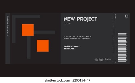 Modern exhibition ticket template layout made with abstract vector geometric shapes. Brutalism inspired graphics. Great for branding presentation, poster, cover, art, tickets, prints, etc.