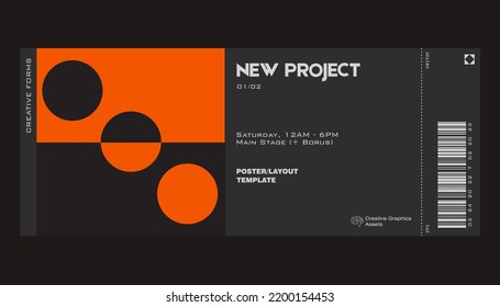 Modern exhibition ticket template layout made with abstract vector geometric shapes. Brutalism inspired graphics. Great for branding presentation, poster, cover, art, tickets, prints, etc.