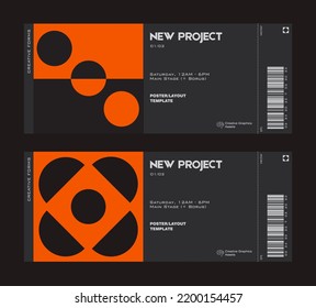 Modern exhibition ticket template layout made with abstract vector geometric shapes. Brutalism inspired graphics. Great for branding presentation, poster, cover, art, tickets, prints, etc.