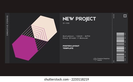 Modern exhibition ticket template layout made with abstract vector geometric shapes. Brutalism inspired graphics. Great for branding presentation, poster, cover, art, tickets, prints, etc.