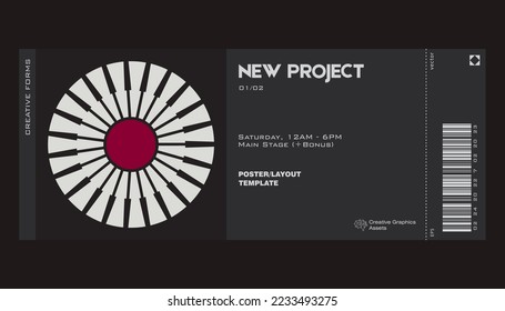 Modern exhibition ticket template layout made with abstract vector geometric shapes. Brutalism inspired graphics. Great for branding presentation, poster, cover, art, tickets, prints, etc.