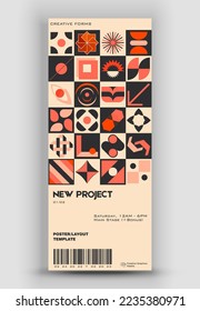 Modern exhibition ticket template layout made with abstract vector geometric shapes. Brutalism inspired graphics. Great for branding presentation, poster, cover, art, tickets, prints, etc.