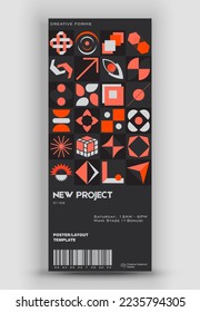 Modern exhibition ticket template layout made with abstract vector geometric shapes. Brutalism inspired graphics. Great for branding presentation, poster, cover, art, tickets, prints, etc.