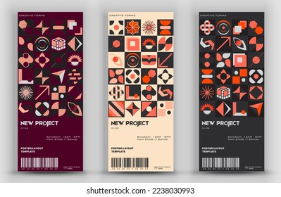 Modern exhibition ticket template layout made with abstract vector geometric shapes. Brutalism inspired graphics. Great for branding presentation, poster, cover, art, tickets, prints, etc.