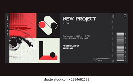 Modern exhibition ticket template layout made with abstract vector geometric shapes. Brutalism inspired graphics. Great for branding presentation, poster, cover, art, tickets, prints, etc.