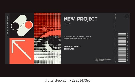 Modern exhibition ticket template layout made with abstract vector geometric shapes. Brutalism inspired graphics. Great for branding presentation, poster, cover, art, tickets, prints, etc.