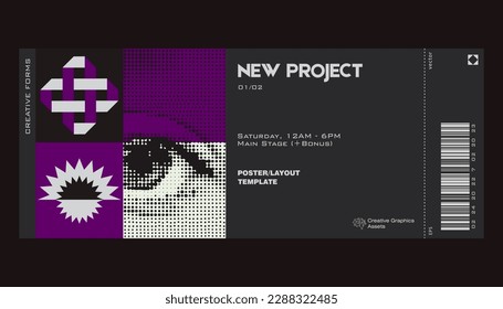 Modern exhibition ticket template layout made with abstract vector geometric shapes. Brutalism inspired graphics. Great for branding presentation, poster, cover, art, tickets, prints, etc.