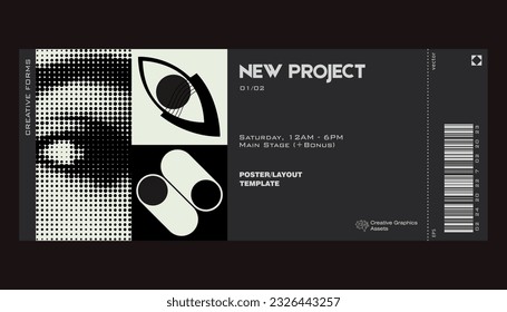 Modernes Vorlagenlayout für Ausstellungskarten mit abstrakten, geometrischen Vektorformen. Brutalismus inspirierte Grafiken. Ideal für Branding-Präsentation, Poster, Cover, Kunst, Tickets, Drucke, etc.