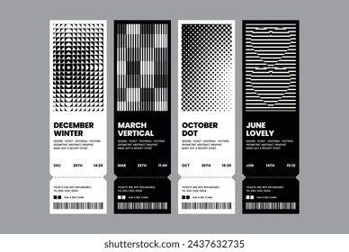 Modern exhibition ticket template layout abstract geometric shapes dot heart line square pattern poster minimal black white unique brutalism ticket design set simple clean graphics