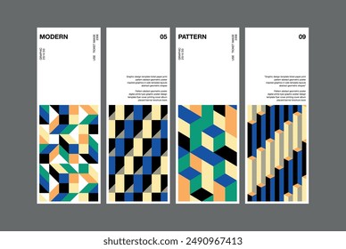 Modern exhibition ticket template layout abstract geometric shapes square pattern Isometric style cube box poster minimal colorful folding recipe brochure banner booklet cover leaflet flyer build