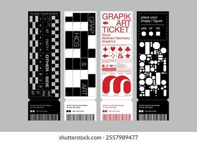 Modern exhibition ticket template layout abstract geometric shape dot heart star clover arrow line square pattern poster minimal black white red shapes random pattern checkerboard receipt banner