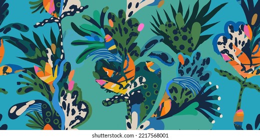 Modern exotic artistic floral jungle pattern. Collage contemporary seamless pattern. Hand drawn cartoon style pattern.