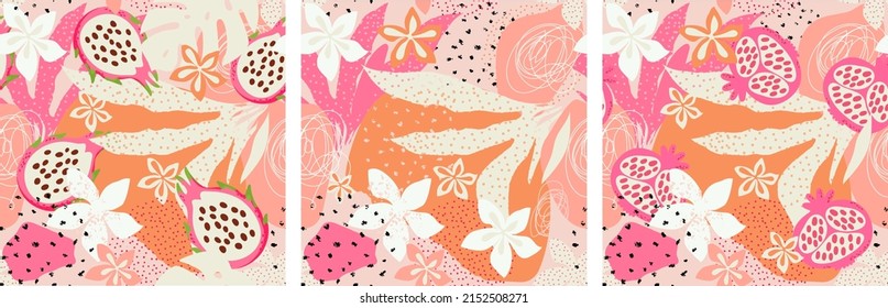 Modern exotic design. A set of abstract, hand drawn patterns. Pomegranate, pitahaya, exotic leaves and flowers.
Seamless pattern set.