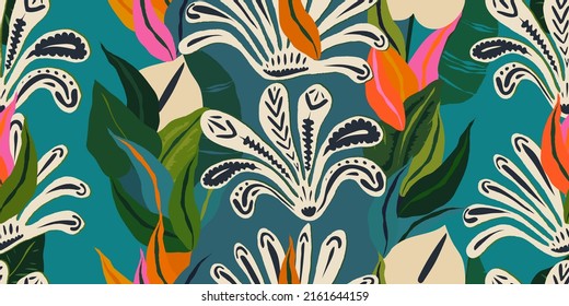 Modern exotic ethnic floral jungle pattern. Collage contemporary seamless pattern. Hand drawn cartoon style pattern.