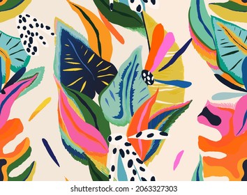 Modern exotic floral jungle pattern. Collage contemporary seamless pattern. Hand drawn cartoon style pattern. - Shutterstock ID 2063327303