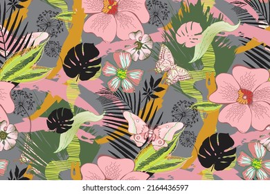 Modern exotic floral jungle pattern. Collage contemporary seamless pattern. Fashion textiles, fabric, packaging. 