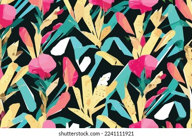 Modern exotic floral jungle pattern. Collage contemporary pattern. Hand drawn cartoon style pattern.