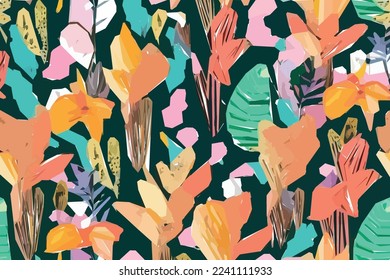 Modern exotic floral jungle pattern. Collage contemporary pattern. Hand drawn cartoon style pattern.