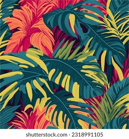 Modern exotic floral jungle pattern. Collage contemporary seamless pattern. Hand drawn cartoon style pattern.