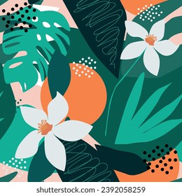 Modern exotic floral jungle pattern. Collage contemporary seamless pattern. Hand drawn cartoon style pattern.